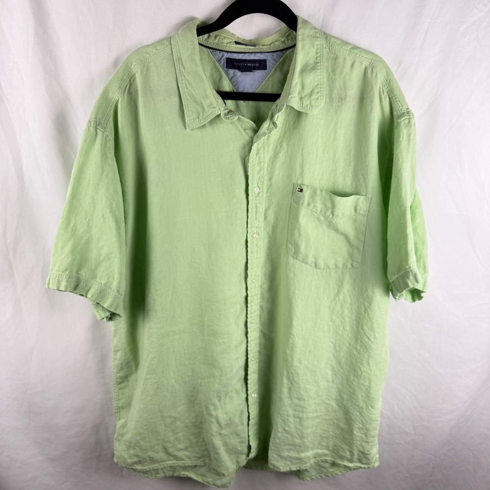 Tommy Hilfiger Lime Green Linen Short Sleeve Button Down Shirt XXL Casual Resort